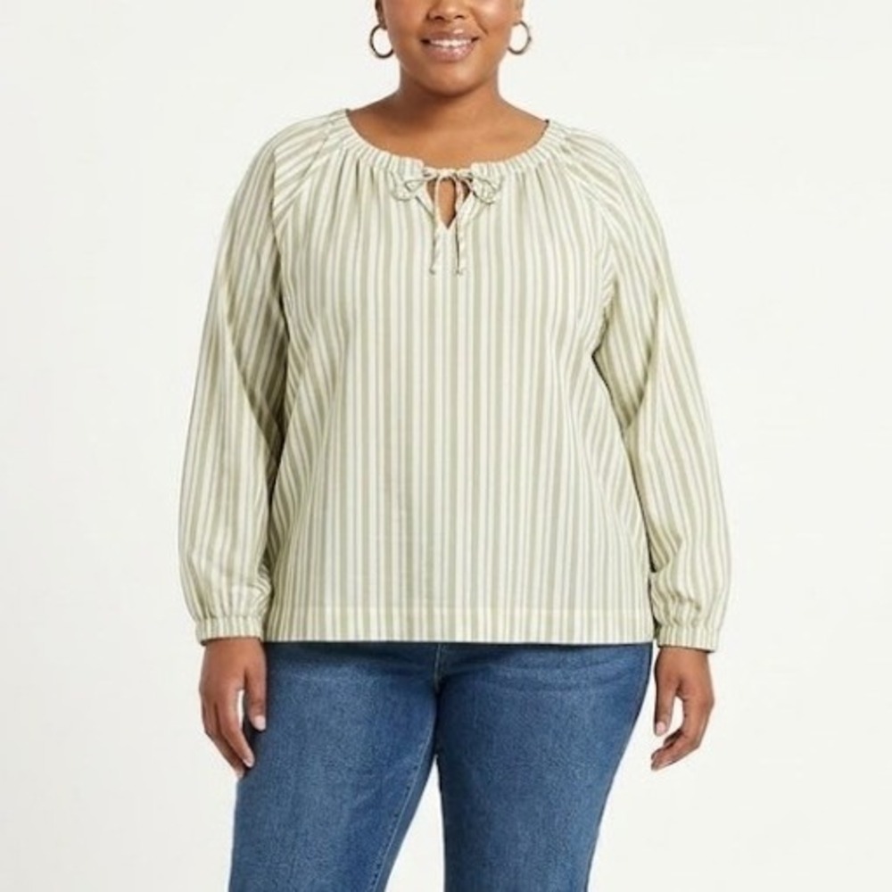 New Nine West size XL Green White Striped Tie Front Preppy Long Sleeve Blouse
